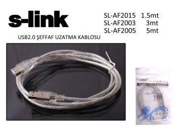 S-link SL-AF2005 Usb2.0 5m Şeffaf Uzatma Kablo