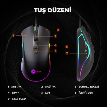 Lenovo Lecoo MS108 6400 DPI 7 Tuşlu Kablolu Rgb Led Aydınlatmalı Siyah Gaming Mouse