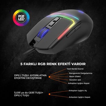 Lenovo Lecoo MS106 3200 DPI 7 Tuşlu Kablolu Rgb Led Aydınlatmalı Siyah Gaming Mouse
