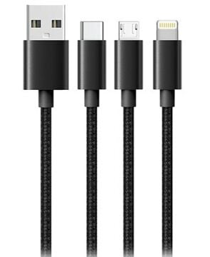 Hytech HY-X515 1.2M 3A MicroUSB+Lightning+TypeC 3 in 1 Siyah Şarj Kablosu