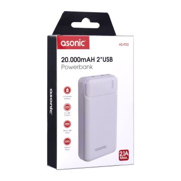 Asonic AS-P20 20000mAh 2*USB Output Powerbank Beyaz Taşınabilir Pil Şarj Cihazı
