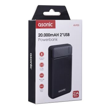 Asonic AS-P20 20000mAh 2*USB Output Powerbank Siyah Taşınabilir Pil Şarj Cihazı